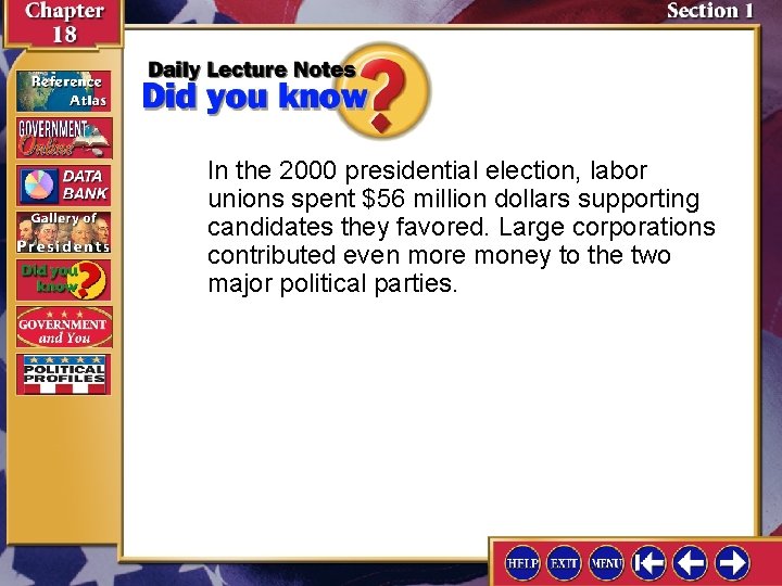 In the 2000 presidential election, labor unions spent $56 million dollars supporting candidates they