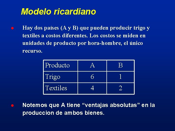 Modelo ricardiano l l Hay dos países (A y B) que pueden producir trigo