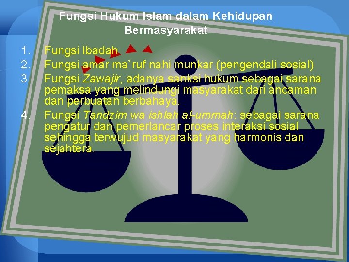 Fungsi Hukum Islam dalam Kehidupan Bermasyarakat 1. 2. 3. 4. Fungsi Ibadah Fungsi amar