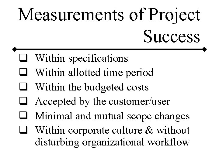 Measurements of Project Success q q q Within specifications Within allotted time period Within Measurements of Project Success q q q Within specifications Within allotted time period Within