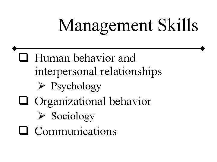 Management Skills q Human behavior and interpersonal relationships Ø Psychology q Organizational behavior Ø