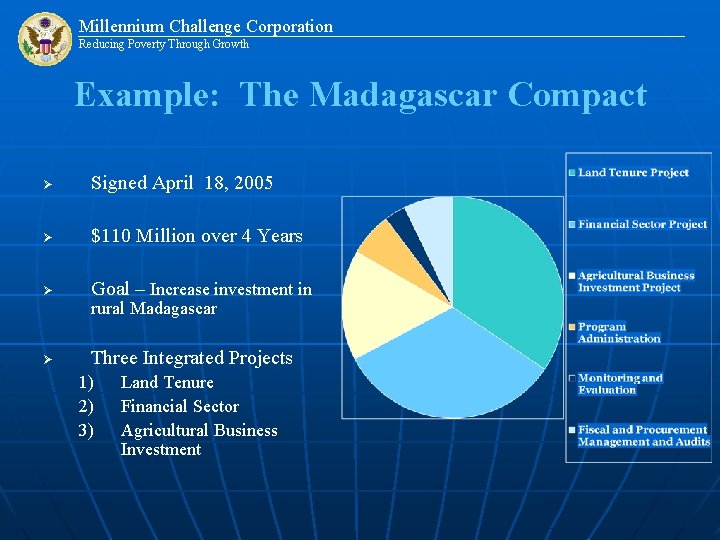 Millennium Challenge Corporation Reducing Poverty Through Growth Example: The Madagascar Compact Ø Signed April