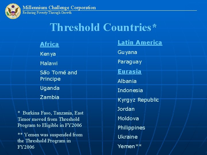 Millennium Challenge Corporation Reducing Poverty Through Growth Threshold Countries* Africa Latin America Kenya Guyana