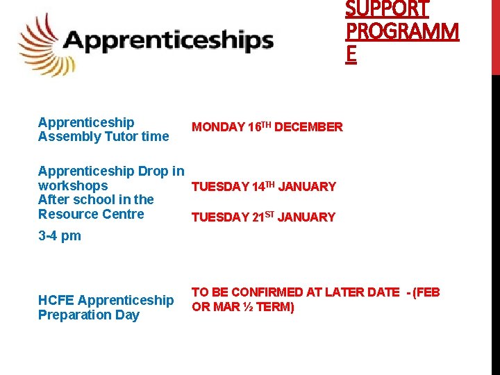 SUPPORT PROGRAMM E Apprenticeship Assembly Tutor time MONDAY 16 TH DECEMBER Apprenticeship Drop in