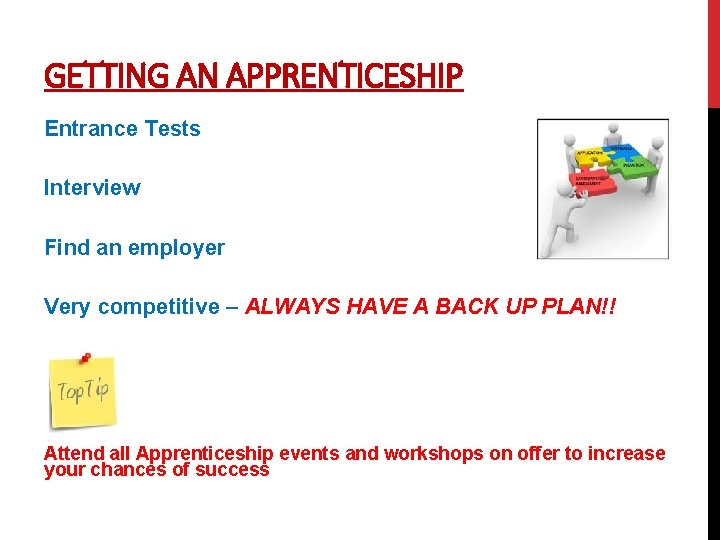 GETTING AN APPRENTICESHIP Entrance Tests Interview Find an employer Very competitive – ALWAYS HAVE