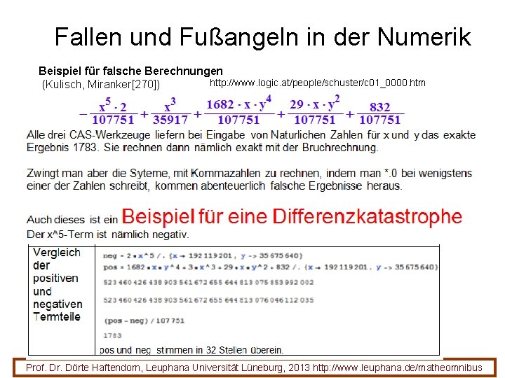 Fallen und Fußangeln in der Numerik Beispiel für falsche Berechnungen http: //www. logic. at/people/schuster/c