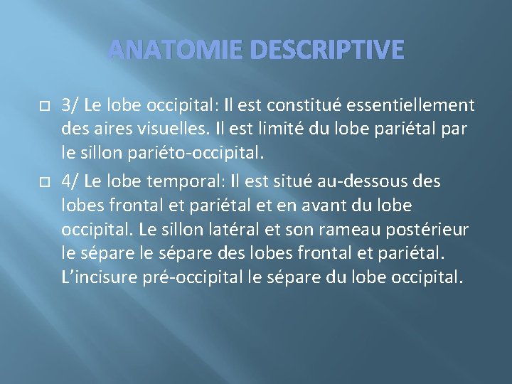 ANATOMIE DESCRIPTIVE 3/ Le lobe occipital: Il est constitué essentiellement des aires visuelles. Il