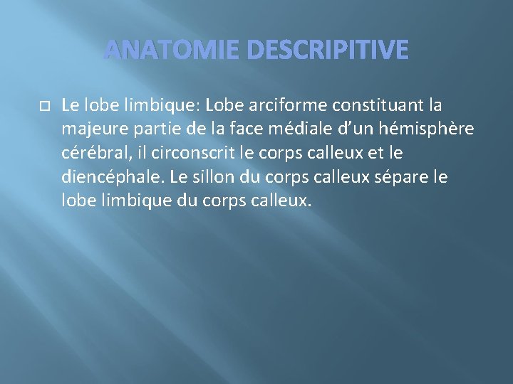 ANATOMIE DESCRIPITIVE Le lobe limbique: Lobe arciforme constituant la majeure partie de la face