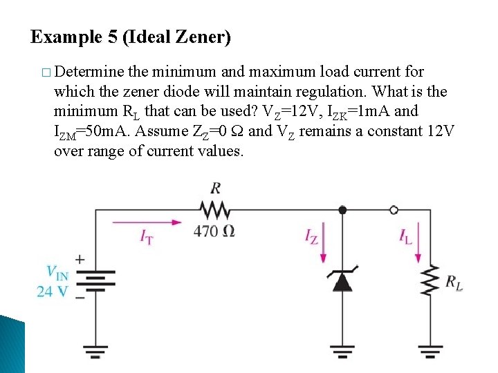 Example 5 (Ideal Zener) � Determine the minimum and maximum load current for which Example 5 (Ideal Zener) � Determine the minimum and maximum load current for which