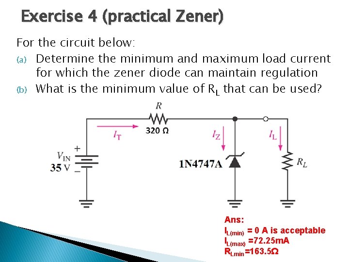 Exercise 4 (practical Zener) For the circuit below: (a) Determine the minimum and maximum Exercise 4 (practical Zener) For the circuit below: (a) Determine the minimum and maximum