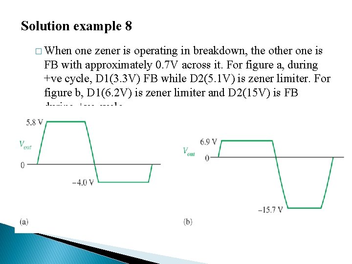 Solution example 8 � When one zener is operating in breakdown, the other one Solution example 8 � When one zener is operating in breakdown, the other one