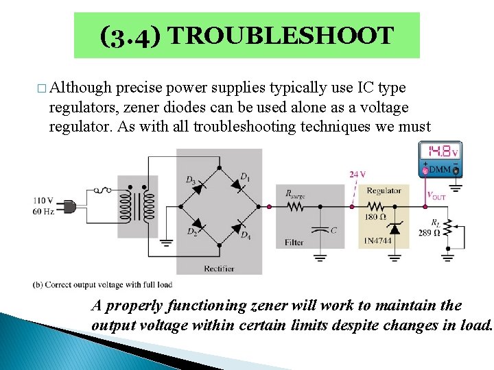(3. 4) TROUBLESHOOT � Although precise power supplies typically use IC type regulators, zener (3. 4) TROUBLESHOOT � Although precise power supplies typically use IC type regulators, zener