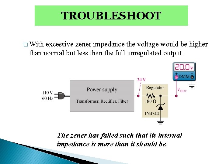 TROUBLESHOOT � With excessive zener impedance the voltage would be higher than normal but TROUBLESHOOT � With excessive zener impedance the voltage would be higher than normal but