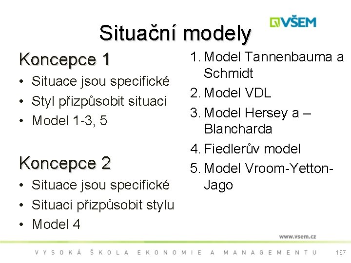 Situační modely Koncepce 1 • Situace jsou specifické • Styl přizpůsobit situaci • Model