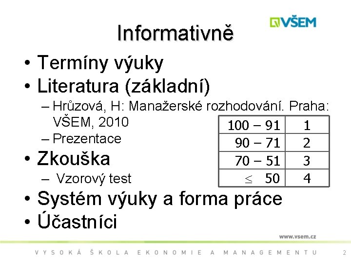 Informativně • Termíny výuky • Literatura (základní) • – Hrůzová, H: Manažerské rozhodování. Praha: