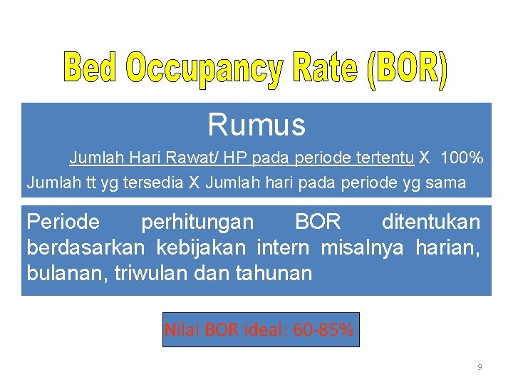 Rumus Jumlah Hari Rawat/ HP pada periode tertentu X 100% Jumlah tt yg tersedia