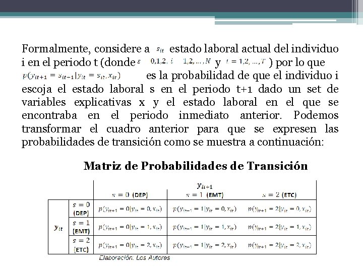 Formalmente, considere a estado laboral actual del individuo i en el periodo t (donde