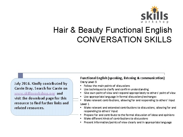 Hair & Beauty Functional English CONVERSATION SKILLS Functional English (speaking, listening & communication) July