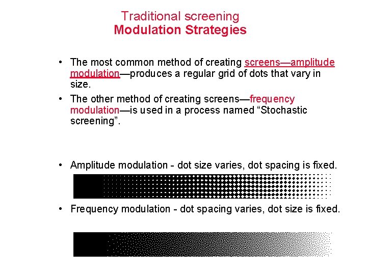 Traditional screening Modulation Strategies • The most common method of creating screens—amplitude modulation—produces a