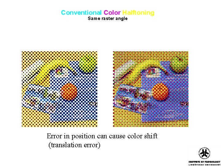 Conventional Color Halftoning Same raster angle Error in position cause color shift (translation error)