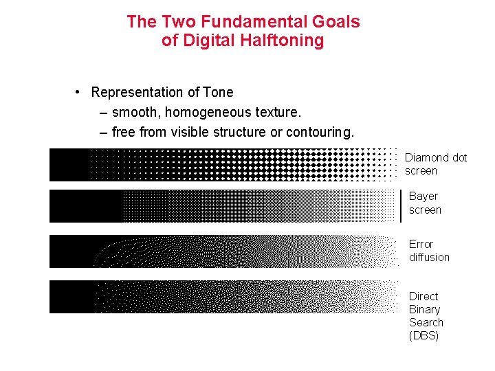 The Two Fundamental Goals of Digital Halftoning • Representation of Tone – smooth, homogeneous