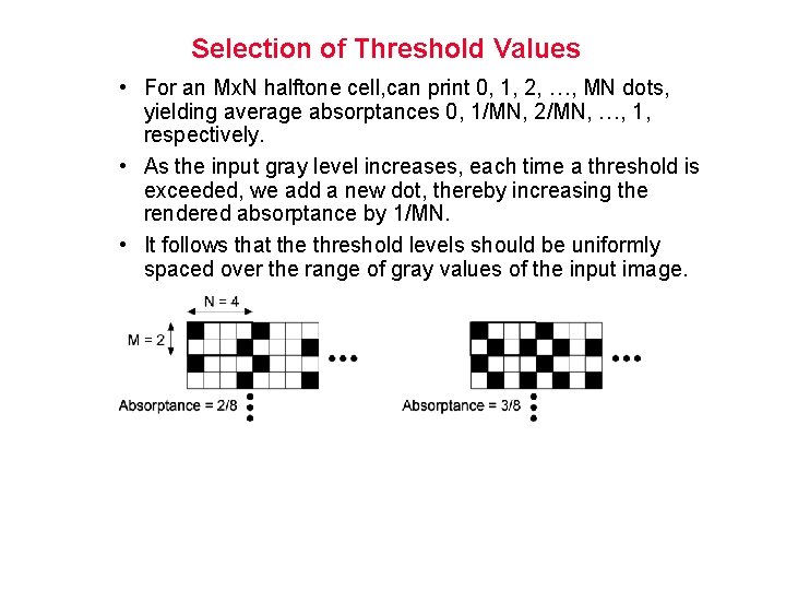 Selection of Threshold Values • For an Mx. N halftone cell, can print 0,