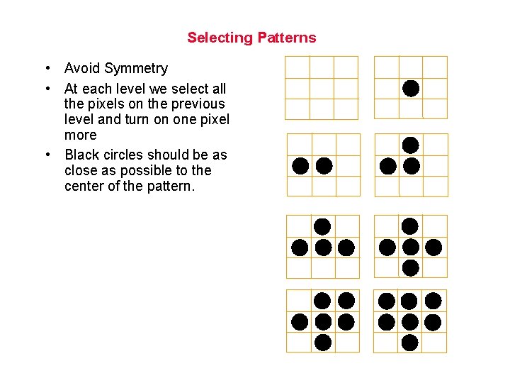 Selecting Patterns • Avoid Symmetry • At each level we select all the pixels