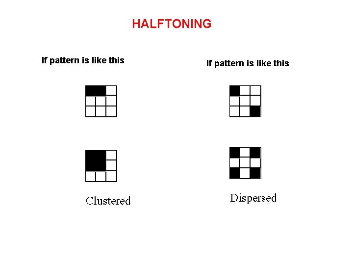 HALFTONING If pattern is like this Clustered If pattern is like this Dispersed 