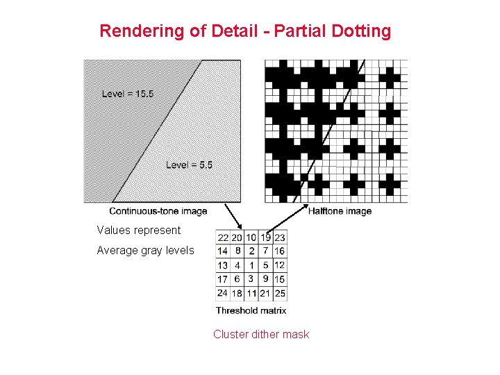 Rendering of Detail - Partial Dotting Values represent Average gray levels Cluster dither mask