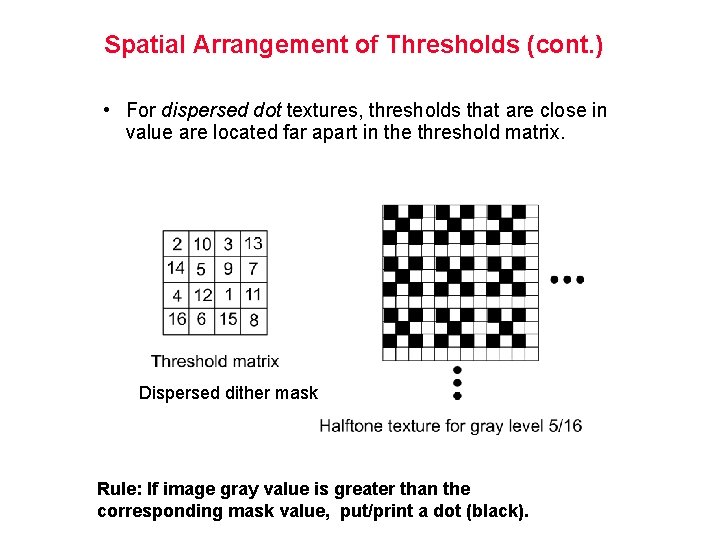 Spatial Arrangement of Thresholds (cont. ) • For dispersed dot textures, thresholds that are