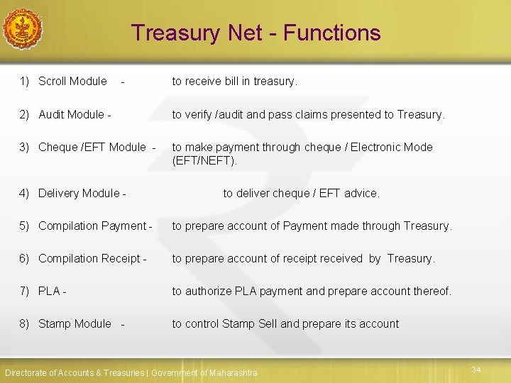 Treasury Net - Functions 1) Scroll Module - to receive bill in treasury. 2)
