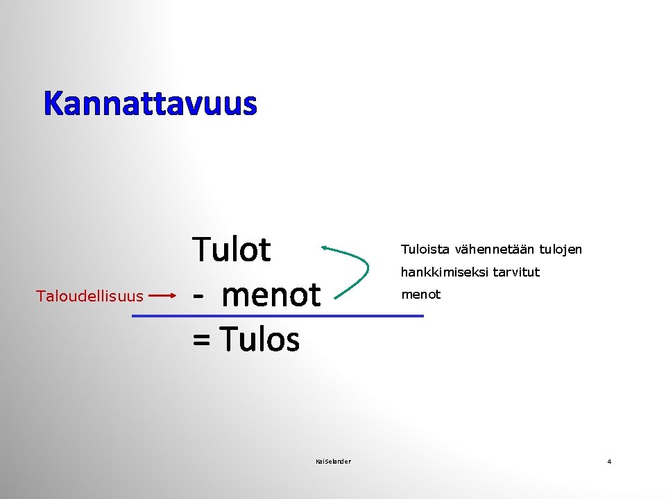 Kannattavuus Taloudellisuus Tulot - menot = Tulos Kai Selander Tuloista vähennetään tulojen hankkimiseksi tarvitut