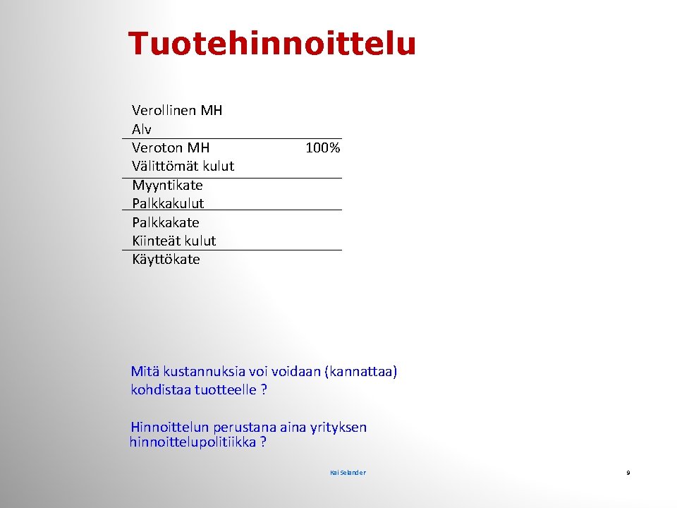 Tuotehinnoittelu Verollinen MH Alv Veroton MH Välittömät kulut Myyntikate Palkkakulut Palkkakate Kiinteät kulut Käyttökate Tuotehinnoittelu Verollinen MH Alv Veroton MH Välittömät kulut Myyntikate Palkkakulut Palkkakate Kiinteät kulut Käyttökate