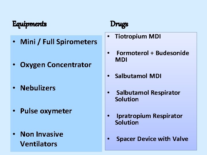 Equipments • Mini / Full Spirometers • Oxygen Concentrator Drugs • Tiotropium MDI • Equipments • Mini / Full Spirometers • Oxygen Concentrator Drugs • Tiotropium MDI •