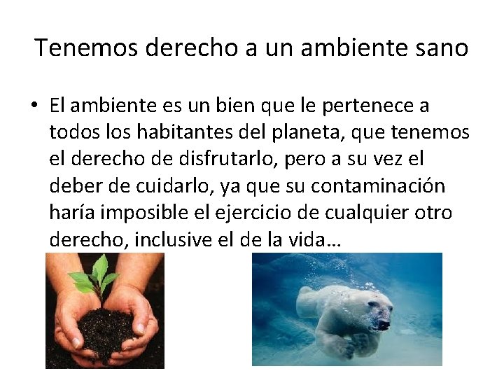 Tenemos derecho a un ambiente sano • El ambiente es un bien que le Tenemos derecho a un ambiente sano • El ambiente es un bien que le