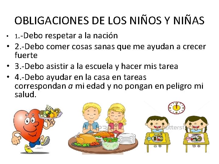 OBLIGACIONES DE LOS NIÑOS Y NIÑAS • 1. -Debo respetar a la nación • OBLIGACIONES DE LOS NIÑOS Y NIÑAS • 1. -Debo respetar a la nación •
