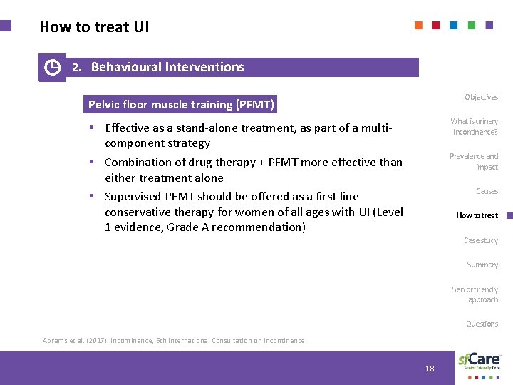 How to treat UI 2. Behavioural Interventions Objectives Pelvic floor muscle training (PFMT) §