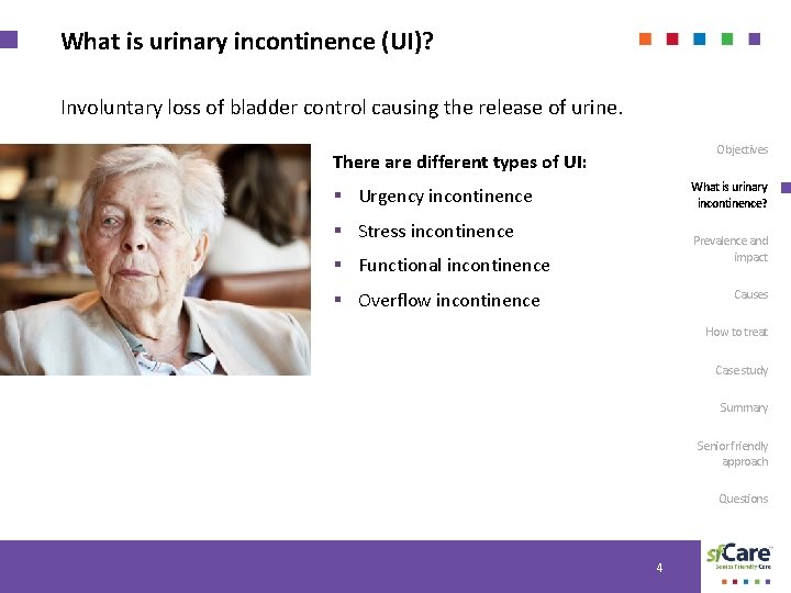 What is urinary incontinence (UI)? Involuntary loss of bladder control causing the release of