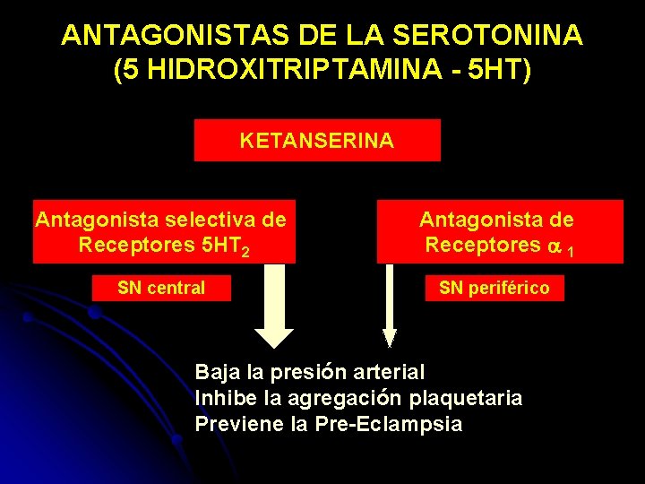 ANTAGONISTAS DE LA SEROTONINA (5 HIDROXITRIPTAMINA - 5 HT) KETANSERINA Antagonista selectiva de Receptores