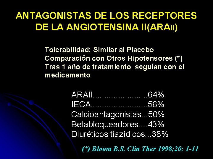 ANTAGONISTAS DE LOS RECEPTORES DE LA ANGIOTENSINA II(ARAII) Tolerabilidad: Similar al Placebo Comparación con