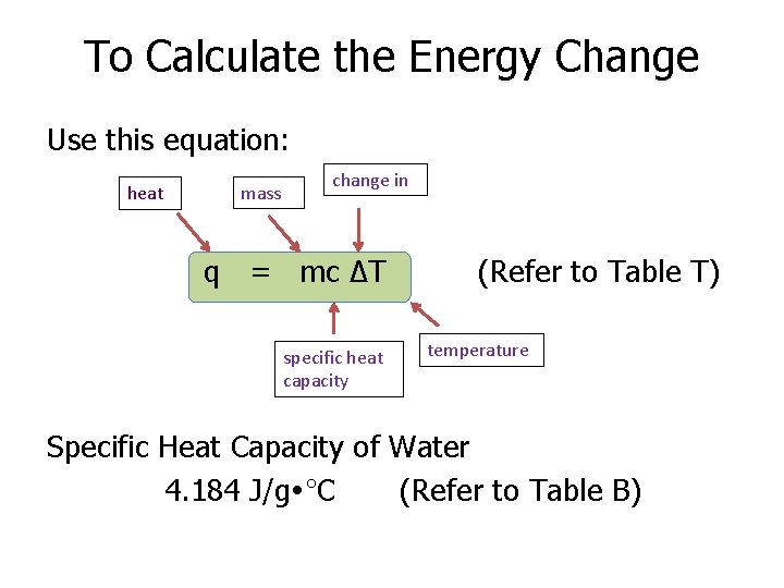 To Calculate the Energy Change Use this equation: heat mass change in q =