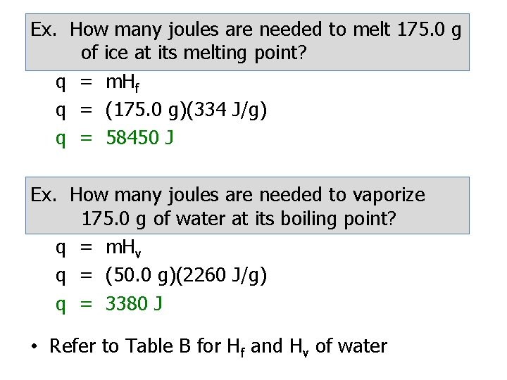 Ex. How many joules are needed to melt 175. 0 g of ice at