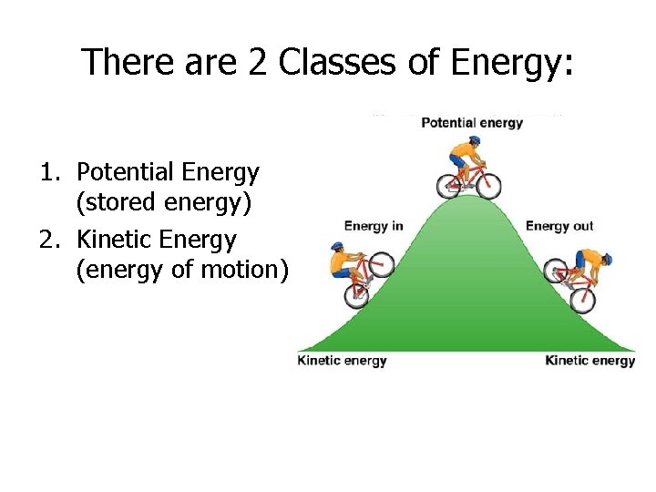 There are 2 Classes of Energy: 1. Potential Energy (stored energy) 2. Kinetic Energy