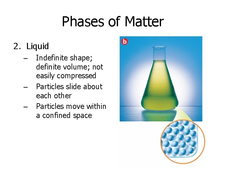 Phases of Matter 2. Liquid – – – Indefinite shape; definite volume; not easily