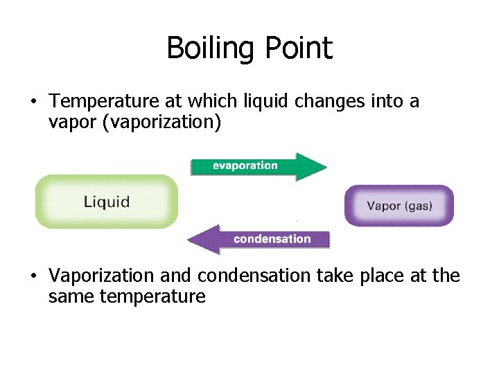 Boiling Point • Temperature at which liquid changes into a vapor (vaporization) • Vaporization