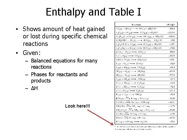 Enthalpy and Table I • Shows amount of heat gained or lost during specific