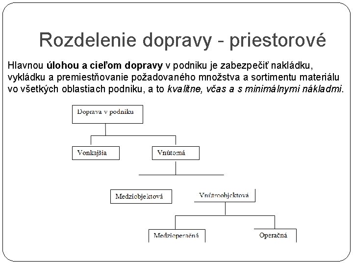 Rozdelenie dopravy - priestorové Hlavnou úlohou a cieľom dopravy v podniku je zabezpečiť nakládku,