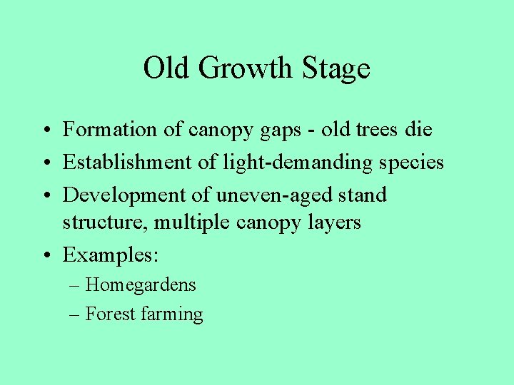Old Growth Stage • Formation of canopy gaps - old trees die • Establishment