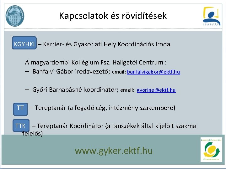 Kapcsolatok és rövidítések KGYHKI – Karrier- és Gyakorlati Hely Koordinációs Iroda Almagyardombi Kollégium Fsz.
