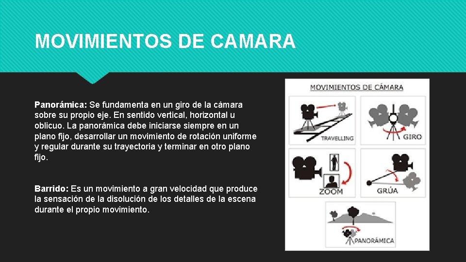 MOVIMIENTOS DE CAMARA Panorámica: Se fundamenta en un giro de la cámara sobre su